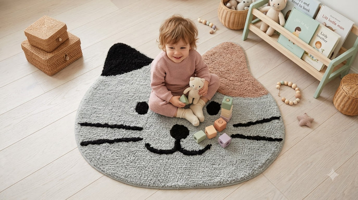 Whimsical Cat Face Tufted Cotton Rug for Kids Room