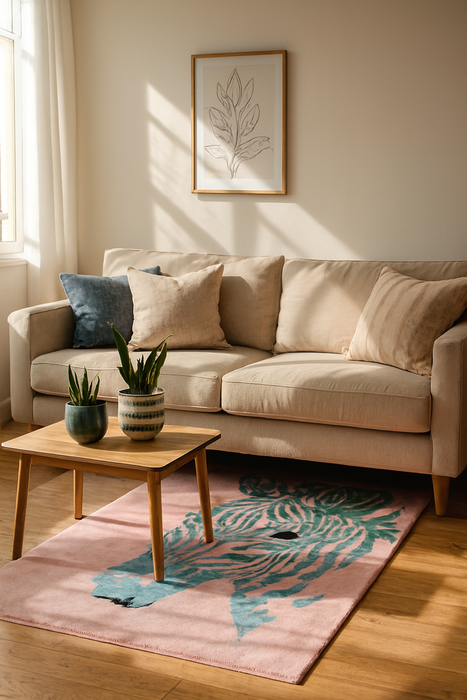 PEQURA Handwoven Wool Zebra Rug – 5x8 ft | Modern Pink Blue Wool Carpet