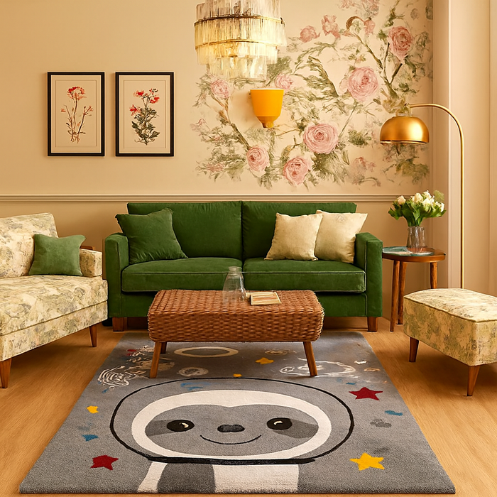 PEQURA Handwoven Wool Carpet – Space-Themed Sloth in Spacesuit Rug, 4x6 ft