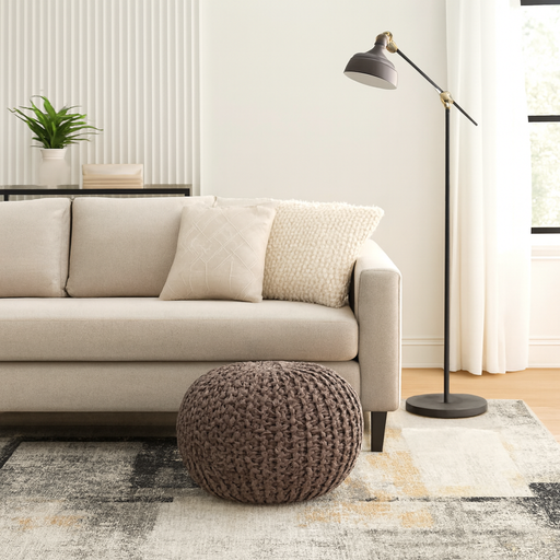 hand knitted beige round pouffe for living room – Pequra
