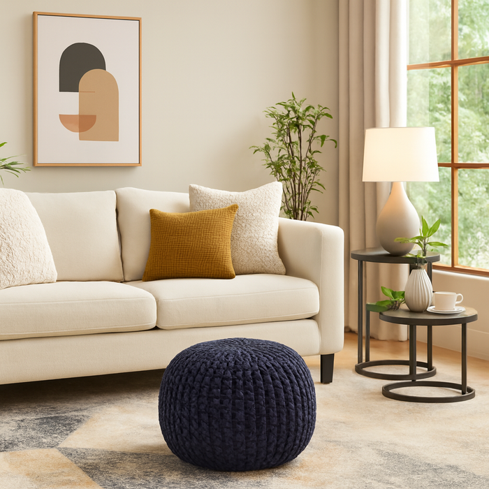 Hand Knitted Fabric Pouf for Living Room – Anthracite