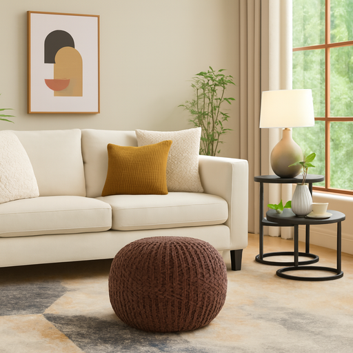 chunky knit brown round pouffe footrest – Byblos – Pequra