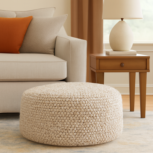 pebble texture round pouffe ivory beige looped weave – Pequra