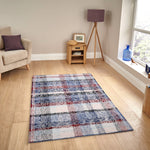 Pequra Handmade Patchwork Wool Rug – Handwoven Carpet in Blue, Red & Beige Tones