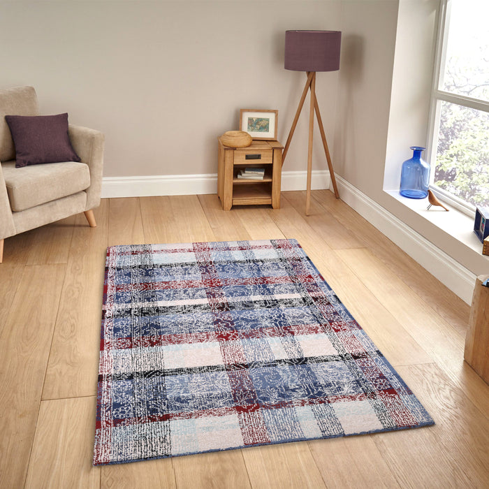Pequra Handmade Patchwork Wool Rug – Handwoven Carpet in Blue, Red & Beige Tones