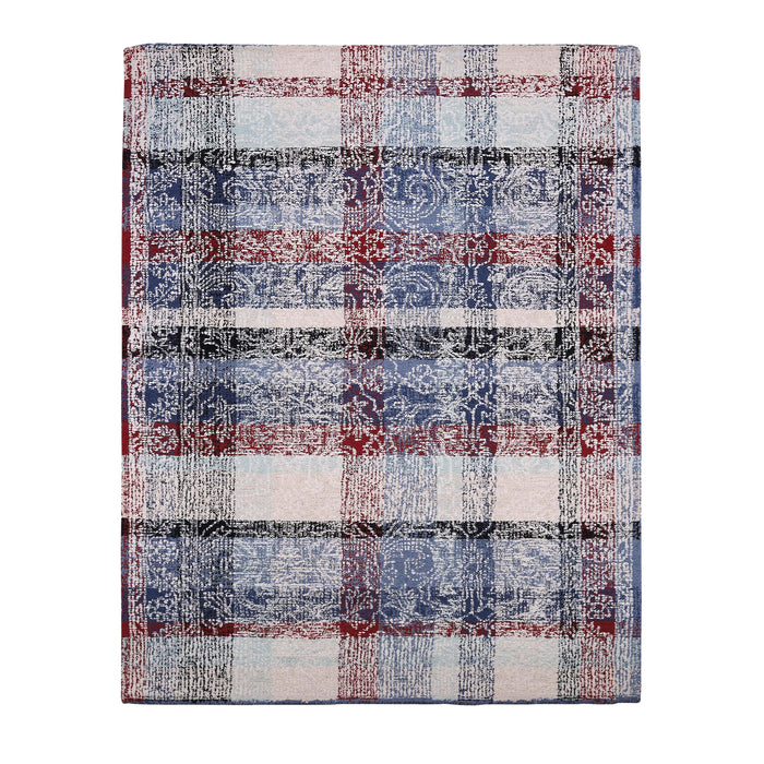 Pequra Handmade Patchwork Wool Rug – Handwoven Carpet in Blue, Red & Beige Tones