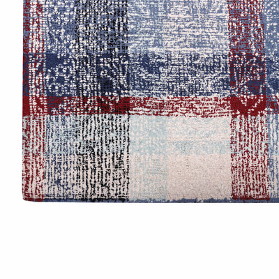 Pequra Handmade Patchwork Wool Rug – Handwoven Carpet in Blue, Red & Beige Tones