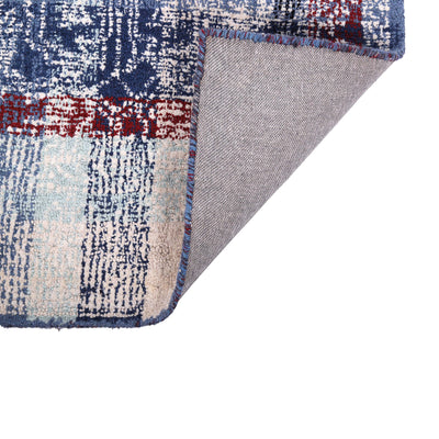 Pequra Handmade Patchwork Wool Rug – Handwoven Carpet in Blue, Red & Beige Tones