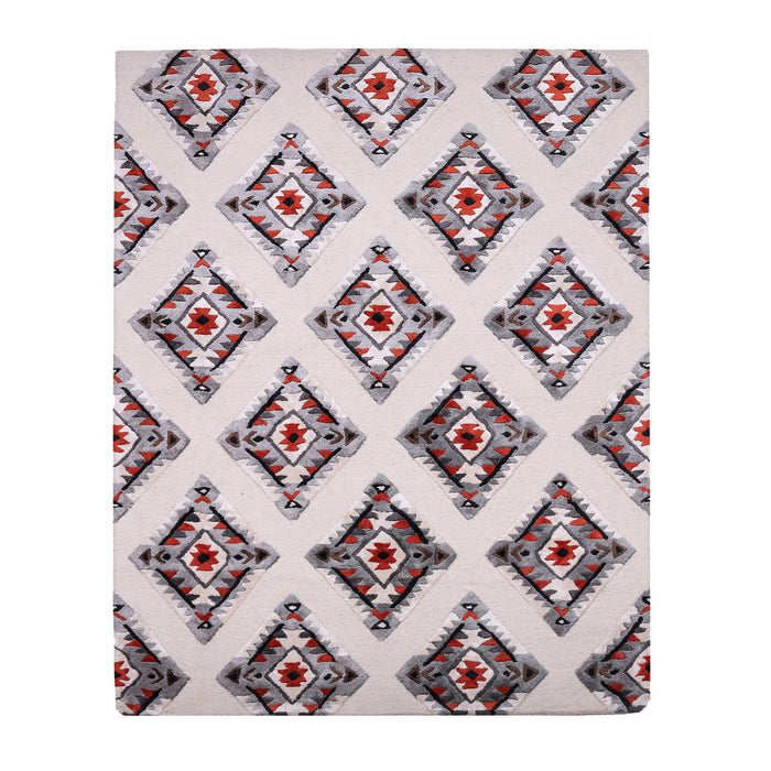 Pequra Handmade Luxury Geometric Diamond Pattern Rug – Red, Grey & White Wool Carpet