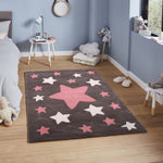 Pequra Handmade Luxury Kids Rug – Pink & White Star Design on Grey Wool Base