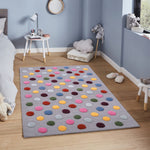 Pequra Handmade Luxury Kids Rug – Multicolor Polka Dot Design on Grey Wool Base