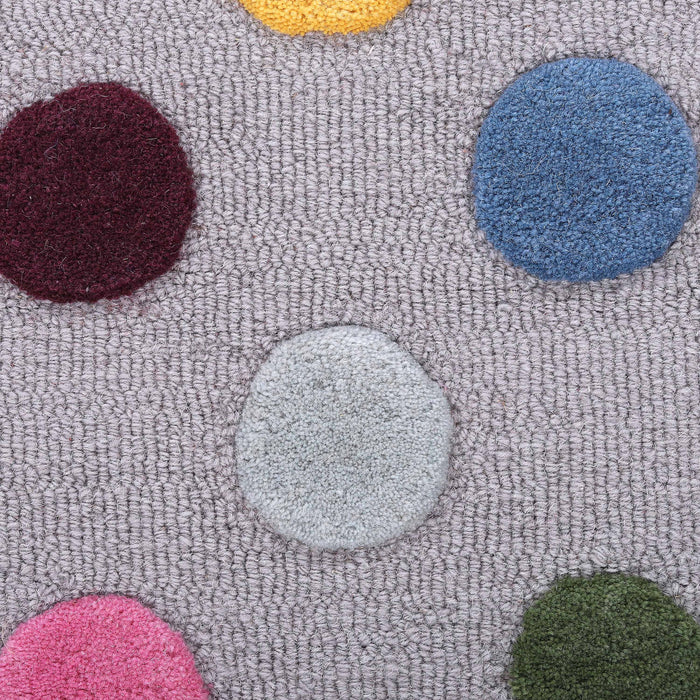 Pequra Handmade Luxury Kids Rug – Multicolor Polka Dot Design on Grey Wool Base