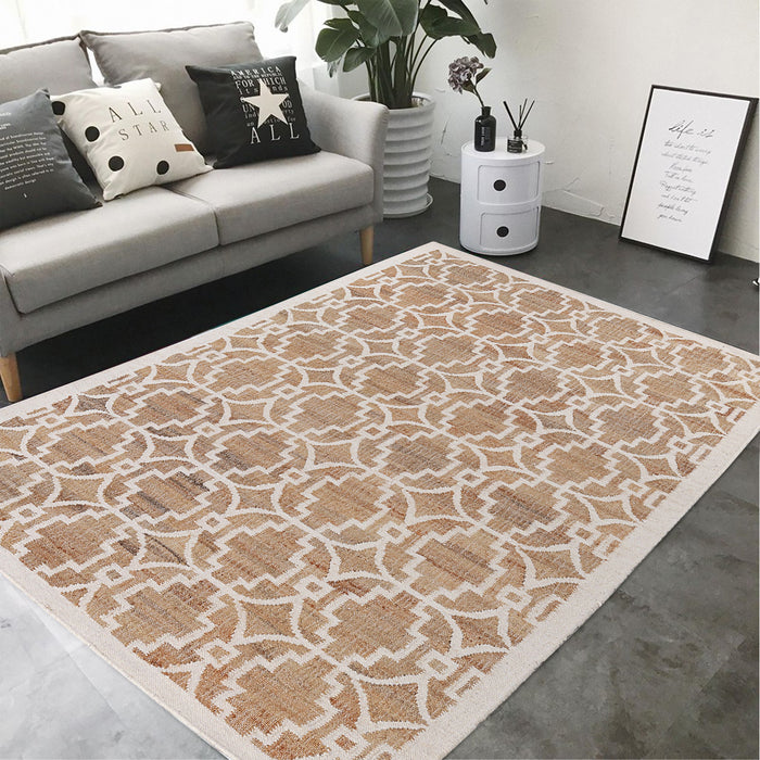 PEQURA 100% Jute Kilim Rug – Beige & White Handwoven Geometric Carpet