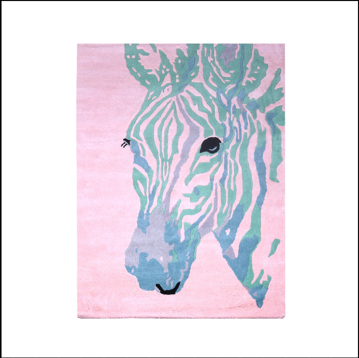 PEQURA Handwoven Wool Zebra Rug – 5x8 ft | Modern Pink Blue Wool Carpet