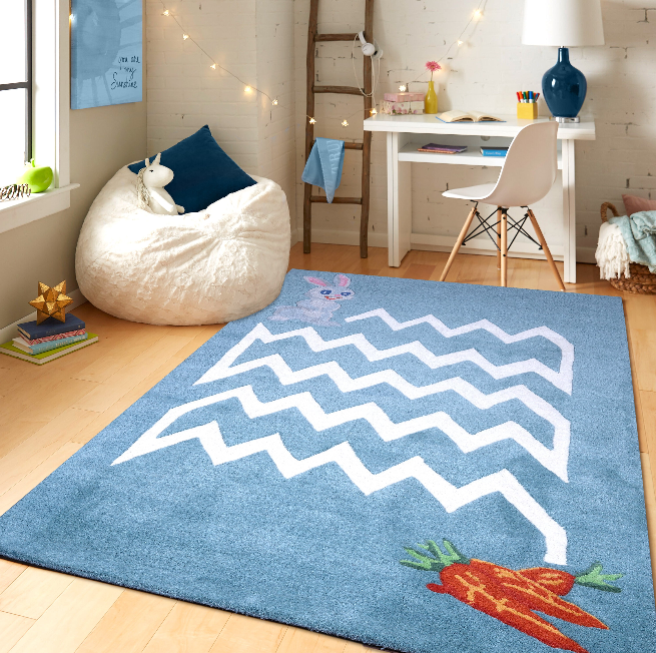PEQURA Handwoven Wool Carpet – Blue Rabbit & Carrot Maze Rug, 4x6 ft