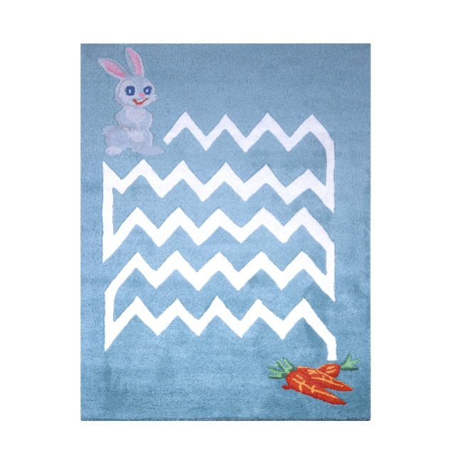 PEQURA Handwoven Wool Carpet – Blue Rabbit & Carrot Maze Rug, 4x6 ft