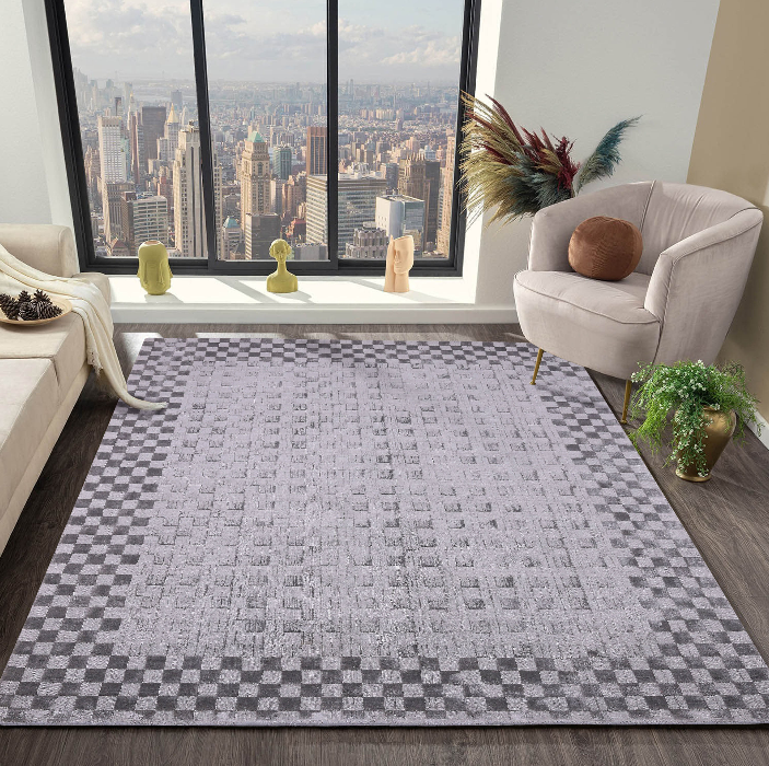PEQURA Checkerboard Border Wool Rug – Handwoven Geometric Wool Carpet with Intricate Center (5x8 ft)