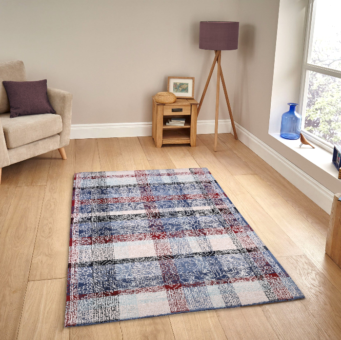 PEQURA Distressed Plaid Wool Rug – Handwoven Vintage Modern Checkered Carpet