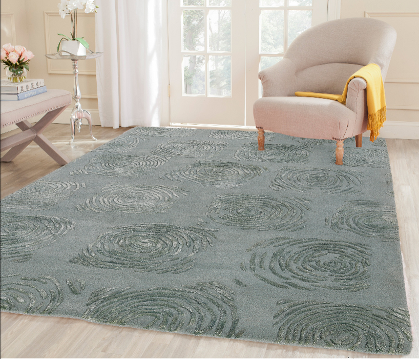 PEQURA Concentric Swirl Grid Wool Carpet – Handwoven Modern Minimalist Rug in Soft Blue