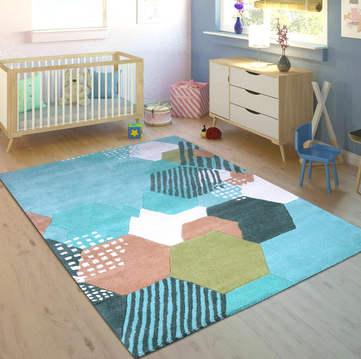 PEQURA Hexagon Mosaic Wool Carpet – Handwoven Modern Geometric Rug in Blue & Green Tones