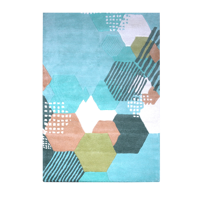 PEQURA Hexagon Mosaic Wool Carpet – Handwoven Modern Geometric Rug in Blue & Green Tones