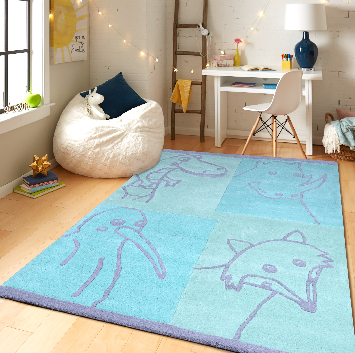 PEQURA Cartoon Animal Grid Wool Carpet – Handwoven Kids’ Rug with Dinosaur, Rhino, Kiwi & Fox Motifs