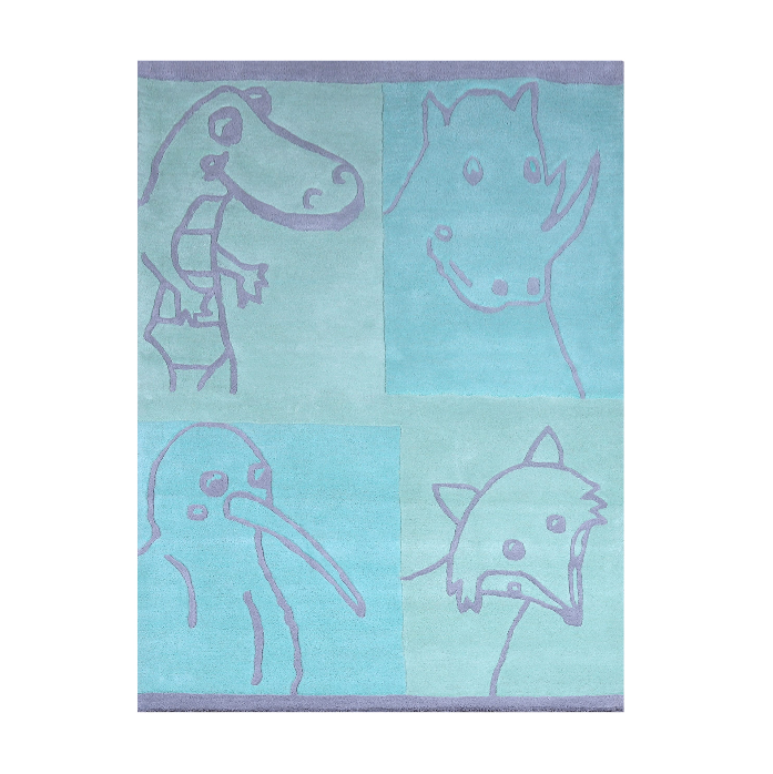 PEQURA Cartoon Animal Grid Wool Carpet – Handwoven Kids’ Rug with Dinosaur, Rhino, Kiwi & Fox Motifs