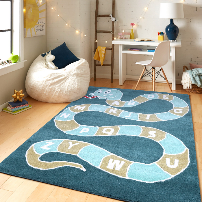 PEQURA Alphabet Snake Wool Carpet – Handwoven Educational Kids’ Rug with A–Z Cartoon Design