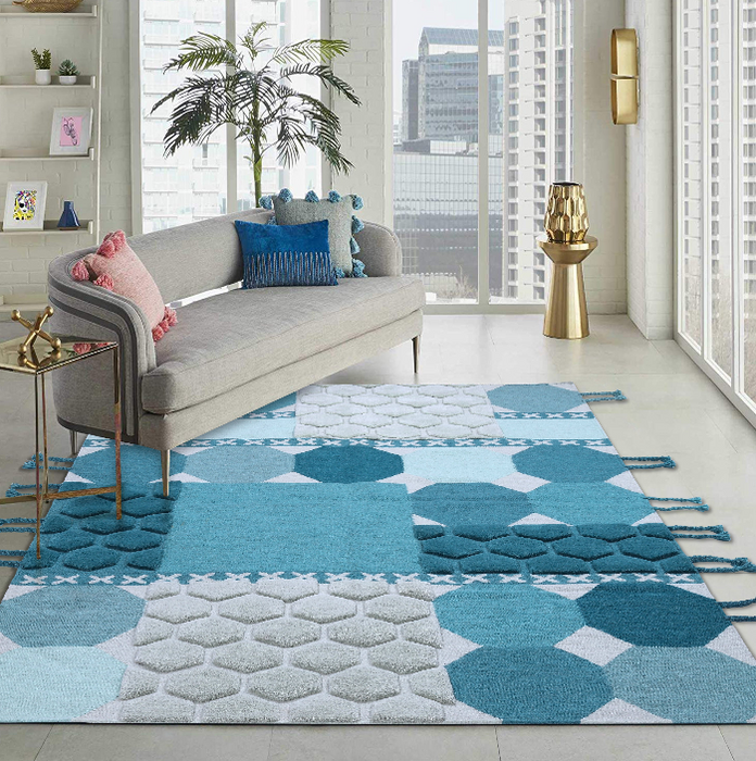 PEQURA Polygonal Patchwork Wool Carpet – Handwoven Geometric Rug in Blue, Teal & Gray