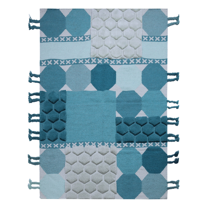 PEQURA Polygonal Patchwork Wool Carpet – Handwoven Geometric Rug in Blue, Teal & Gray