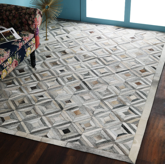 PEQURA Dimensional Diamond Grid Wool Carpet – Handwoven 3D Illusion Rug in Gray, Black & Beige