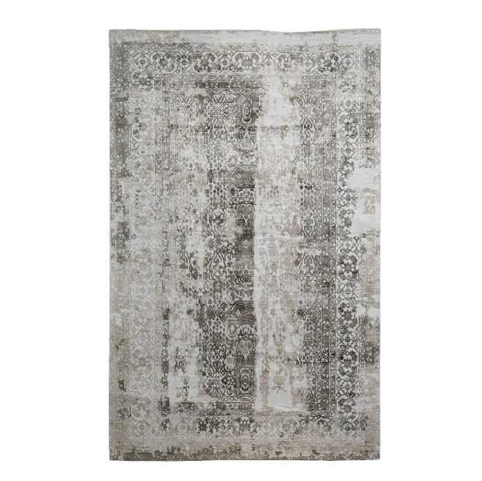 PEQURA Faded Medallion & Border Wool Carpet – Vintage-Inspired Distressed Rug in Neutral Tones