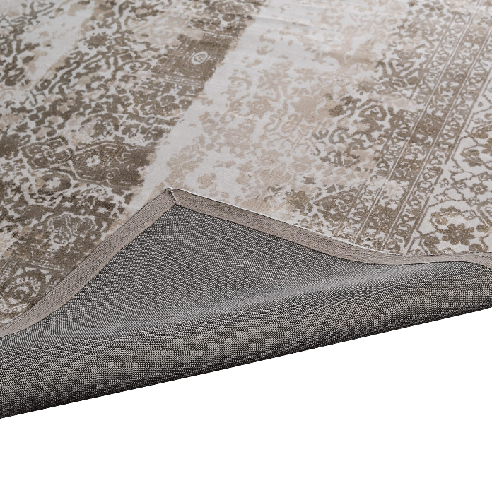 PEQURA Faded Medallion & Border Wool Carpet – Vintage-Inspired Distressed Rug in Neutral Tones