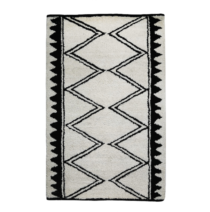PEQURA Zigzag & Triangle Border Wool Carpet – Tribal Minimalist Rug in Black & Beige