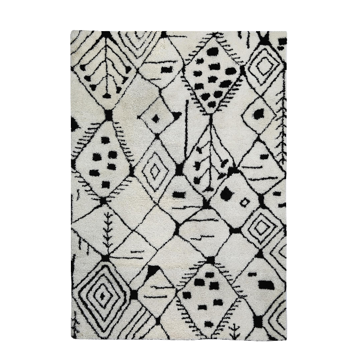 PEQURA Ethnic Diamond Motif Wool Carpet – Handwoven Tribal-Inspired Rug in Cream & Black