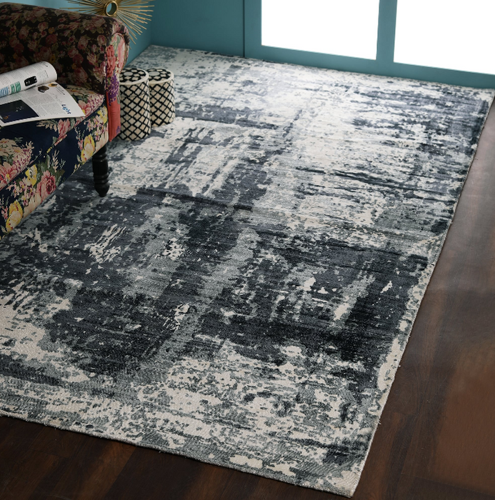 PEQURA Wool Weathered Abstract Rug – Handwoven Black, Gray & White Distressed Carpet for Modern Interiors