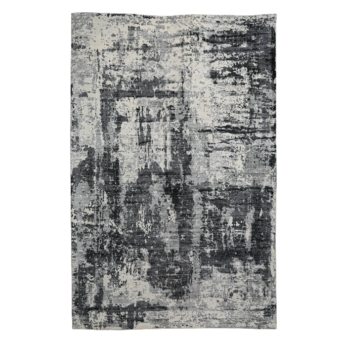 PEQURA Wool Weathered Abstract Rug – Handwoven Black, Gray & White Distressed Carpet for Modern Interiors