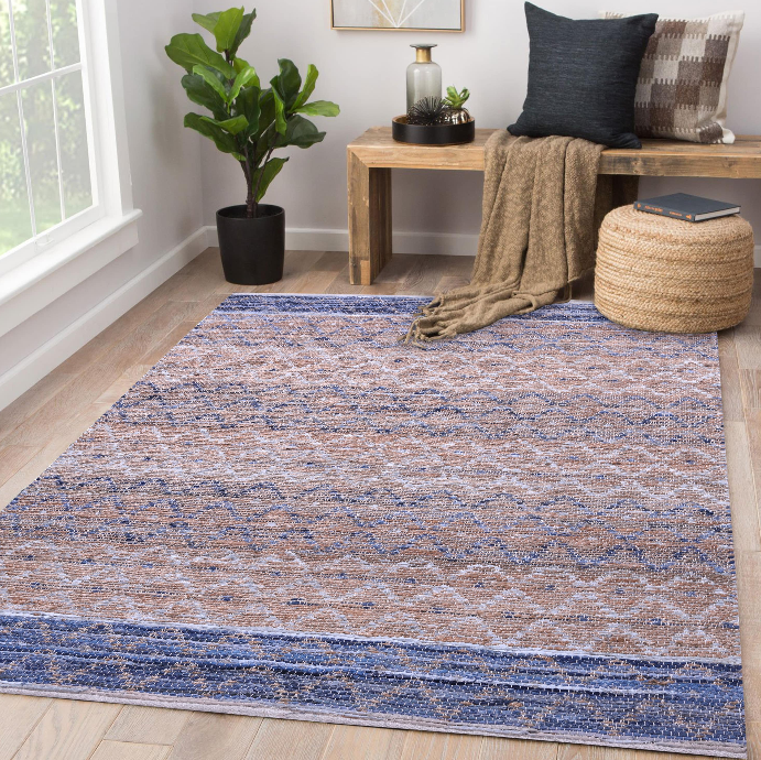 Blue-Beige Ethnic Band Handwoven Wool Rug