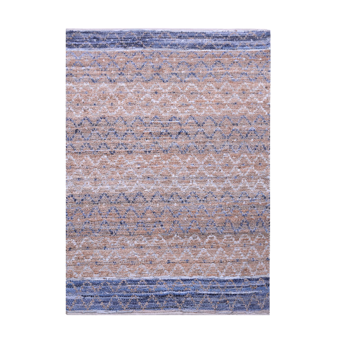 Blue-Beige Ethnic Band Handwoven Wool Rug