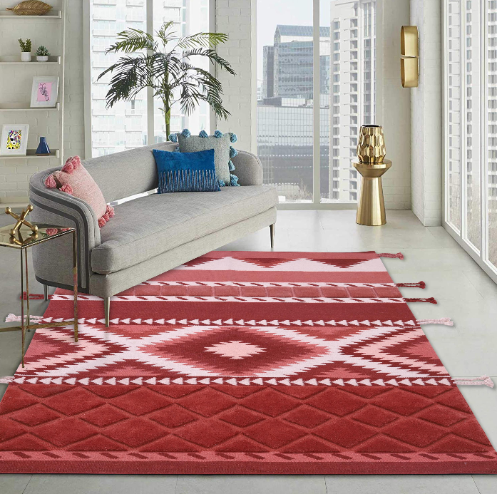 Red-Pink Ethnic Band Handwoven Wool Rug