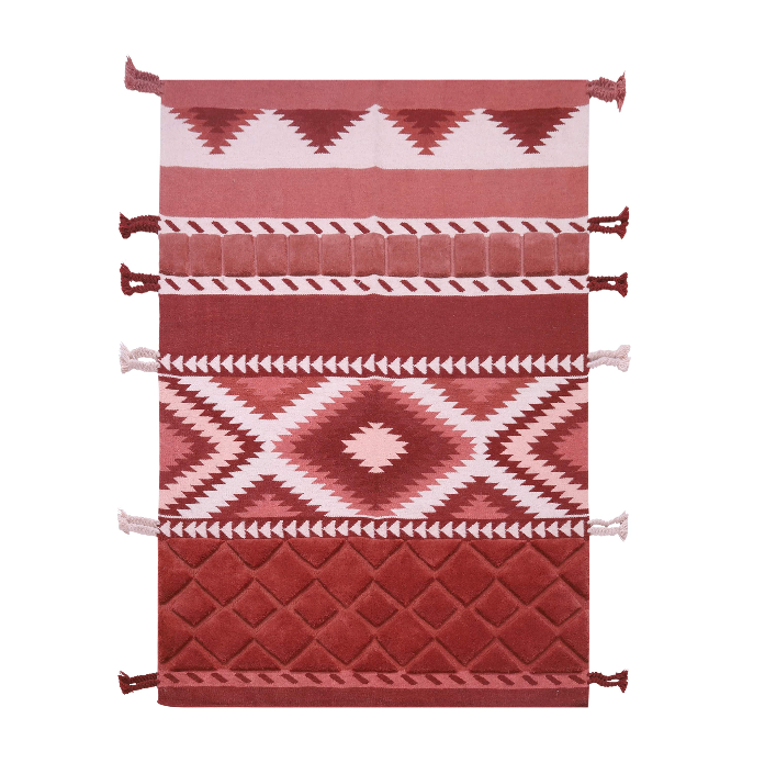 Red-Pink Ethnic Band Handwoven Wool Rug