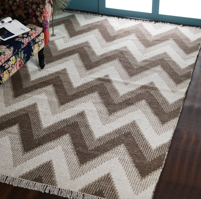 Wool Rug – Chevron Stripe Handwoven Brown & Beige