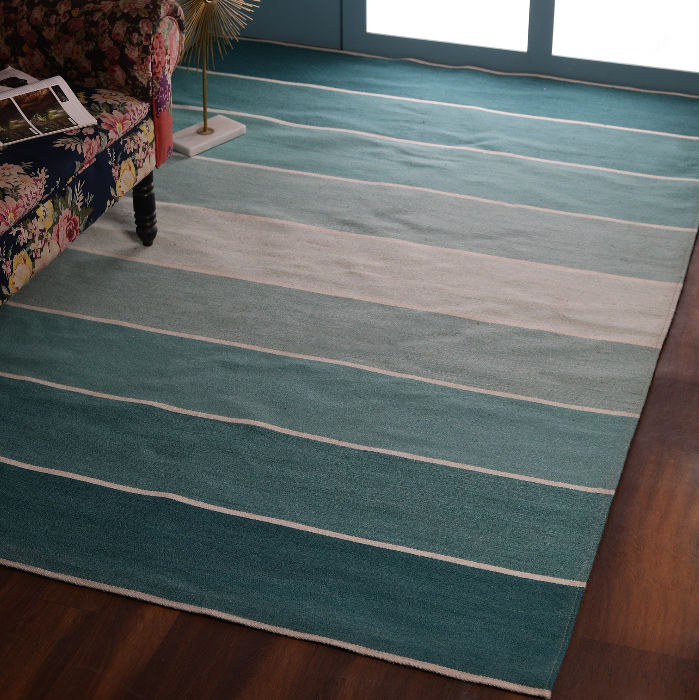 Wool Rug – Blue Teal Gradient Stripe Design