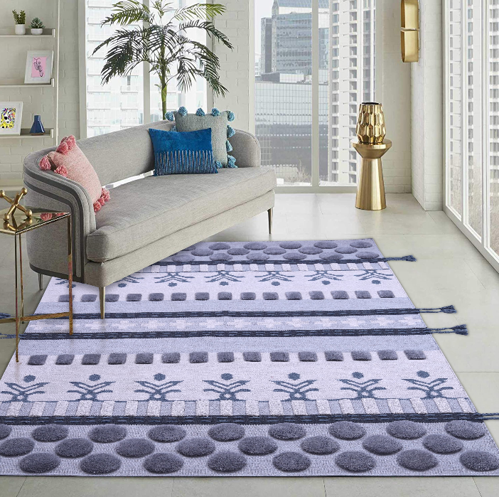 Indigo-White & Gray Wool Carpet with Floral Medallion Bands