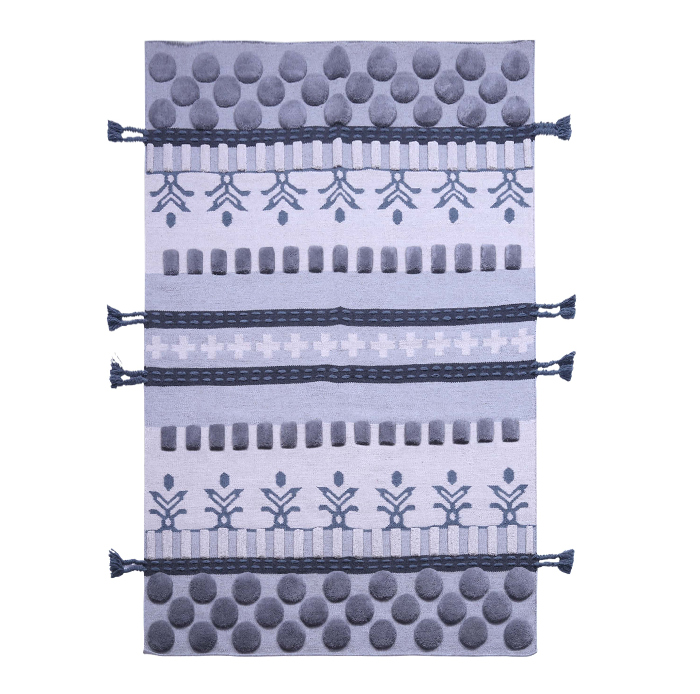 Indigo-White & Gray Wool Carpet with Floral Medallion Bands