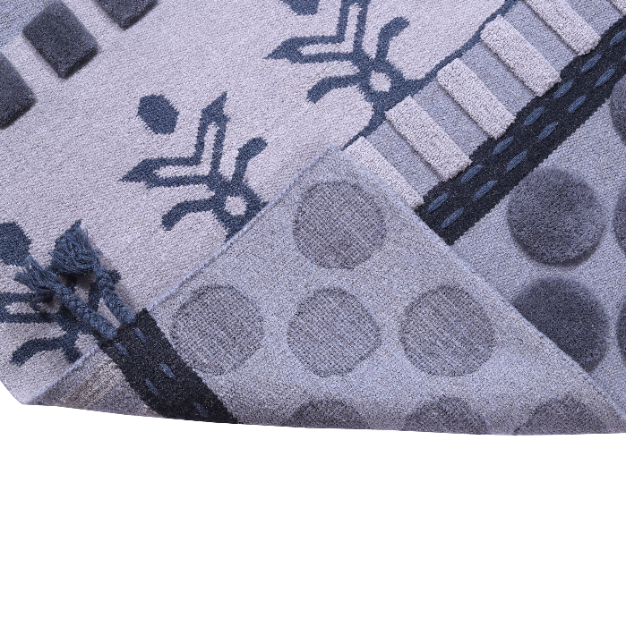 Indigo-White & Gray Wool Carpet with Floral Medallion Bands