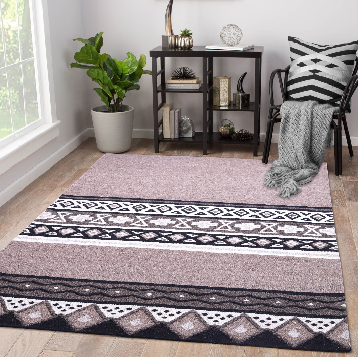 Earth-Tone Wool Carpet with Geometric Tribal Bands