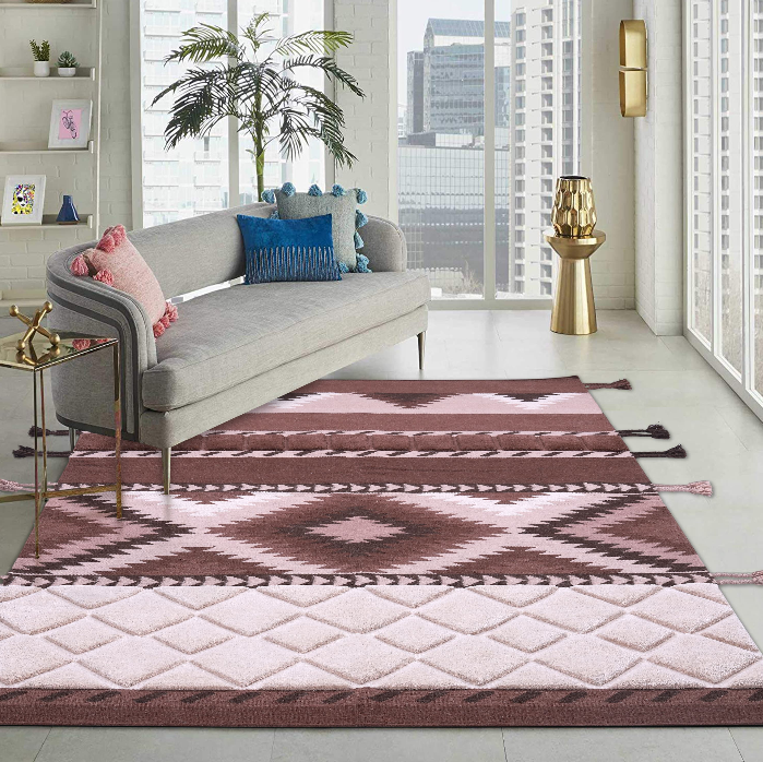 Earthy Wool Carpet with Diamond & Chevron Motifs