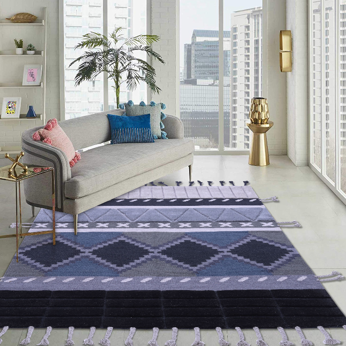 Gray-Black Wool Carpet with Diamond & Zigzag Bands