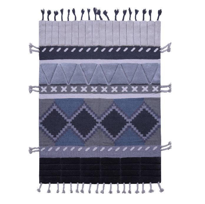 Gray-Black Wool Carpet with Diamond & Zigzag Bands